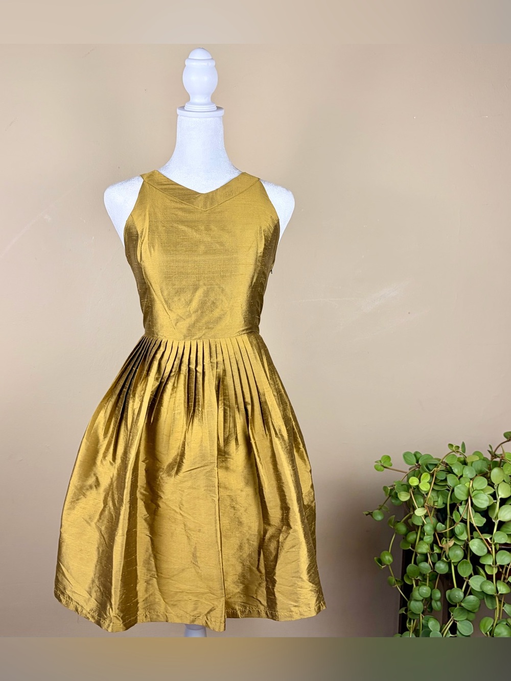 Satin Halter Fit-and-Flare Dress in Mustard